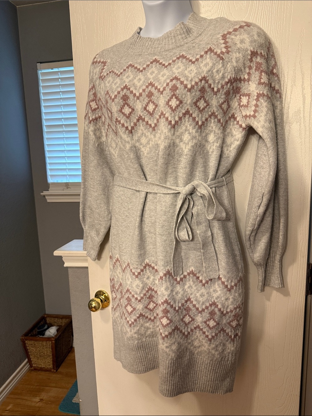 Lucky in Love Light Gray Knit Sweater Dress with Dusty Rose Fair Isle